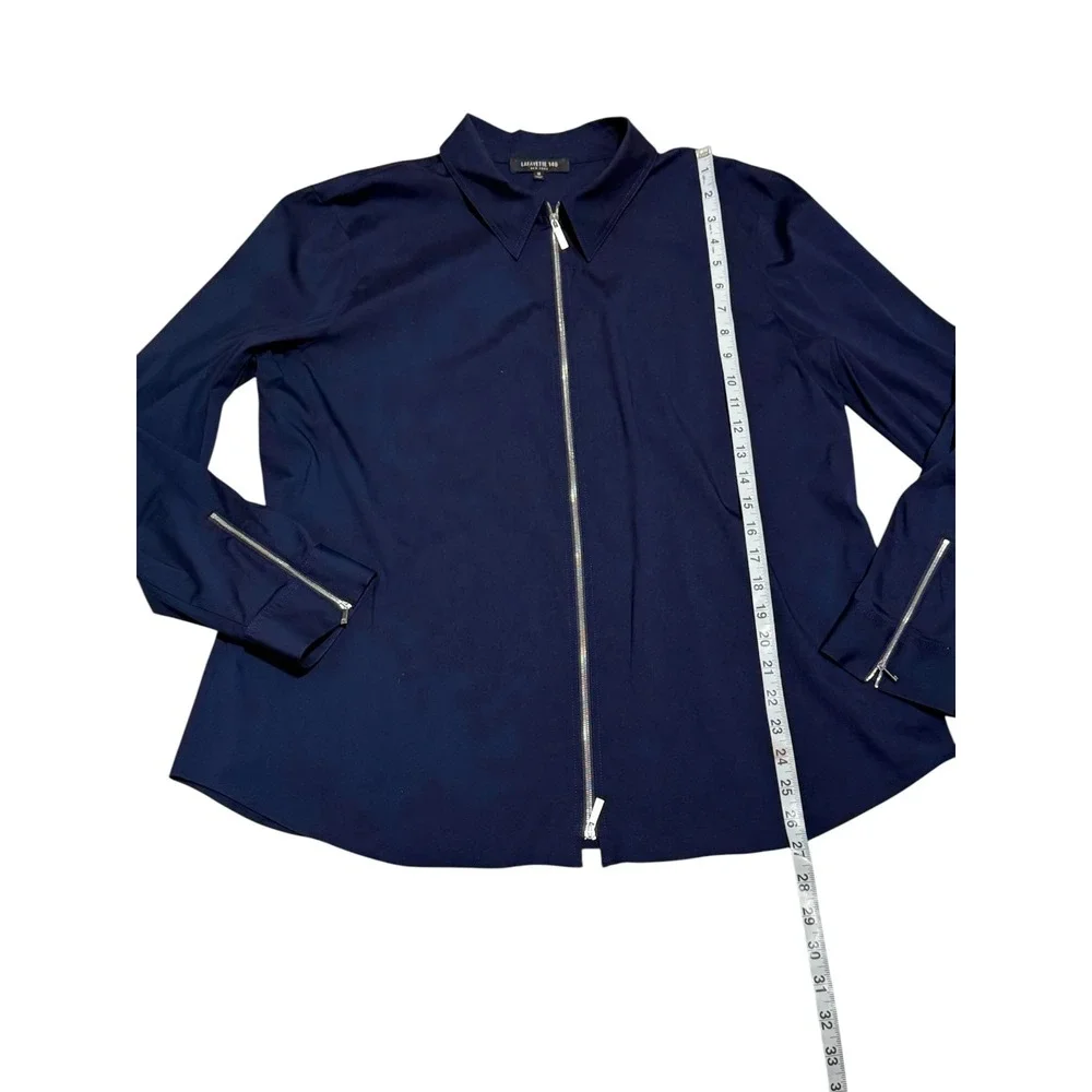Lafayette 148 New York Zip Front Blouse Sz 16 Navy Stretch Cotton Collared Top - Picture 10 of 14